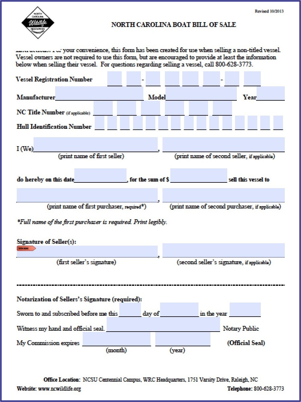 Free Bill Of Sale Form Nc