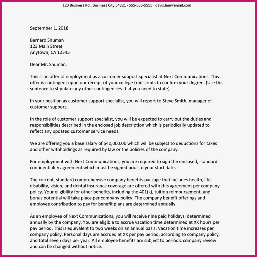 Free Employment Offer Letter Template