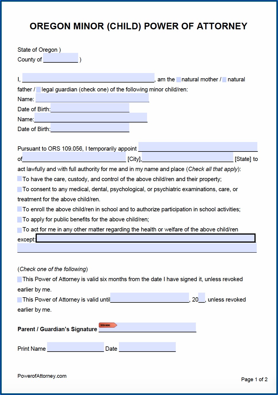 Free Medical Power Of Attorney Form For Minor Child Texas