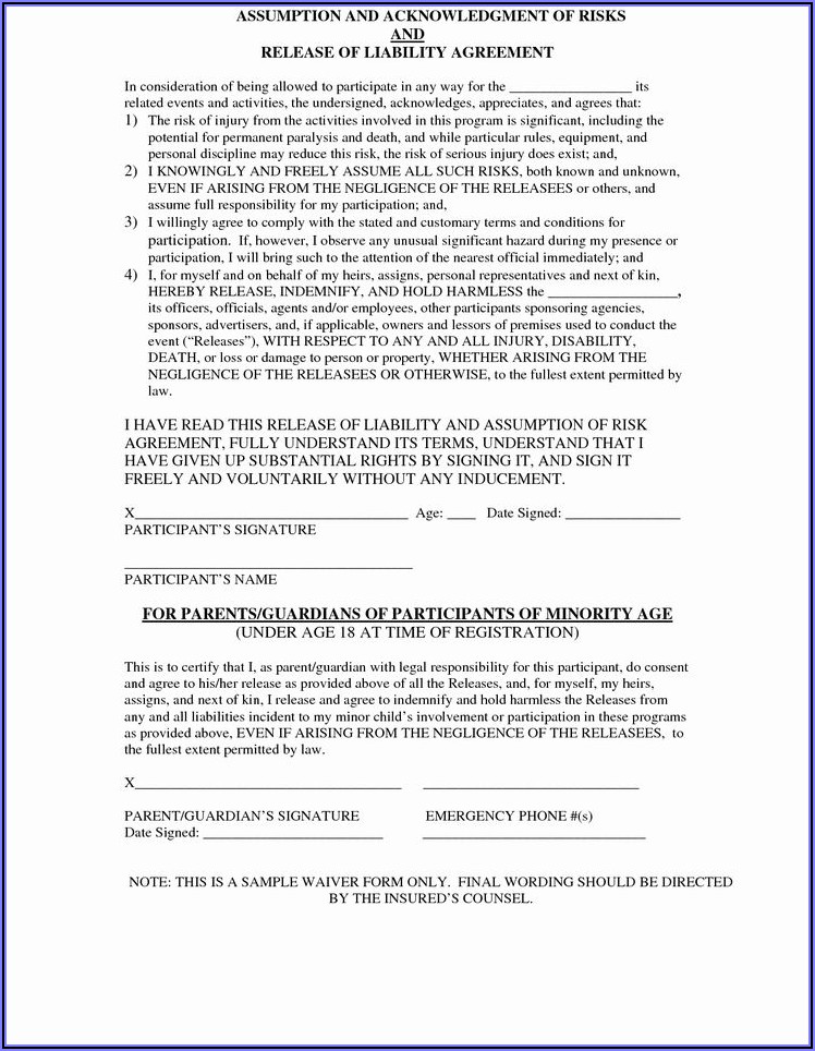 Free Printable Waiver Of Liability Form