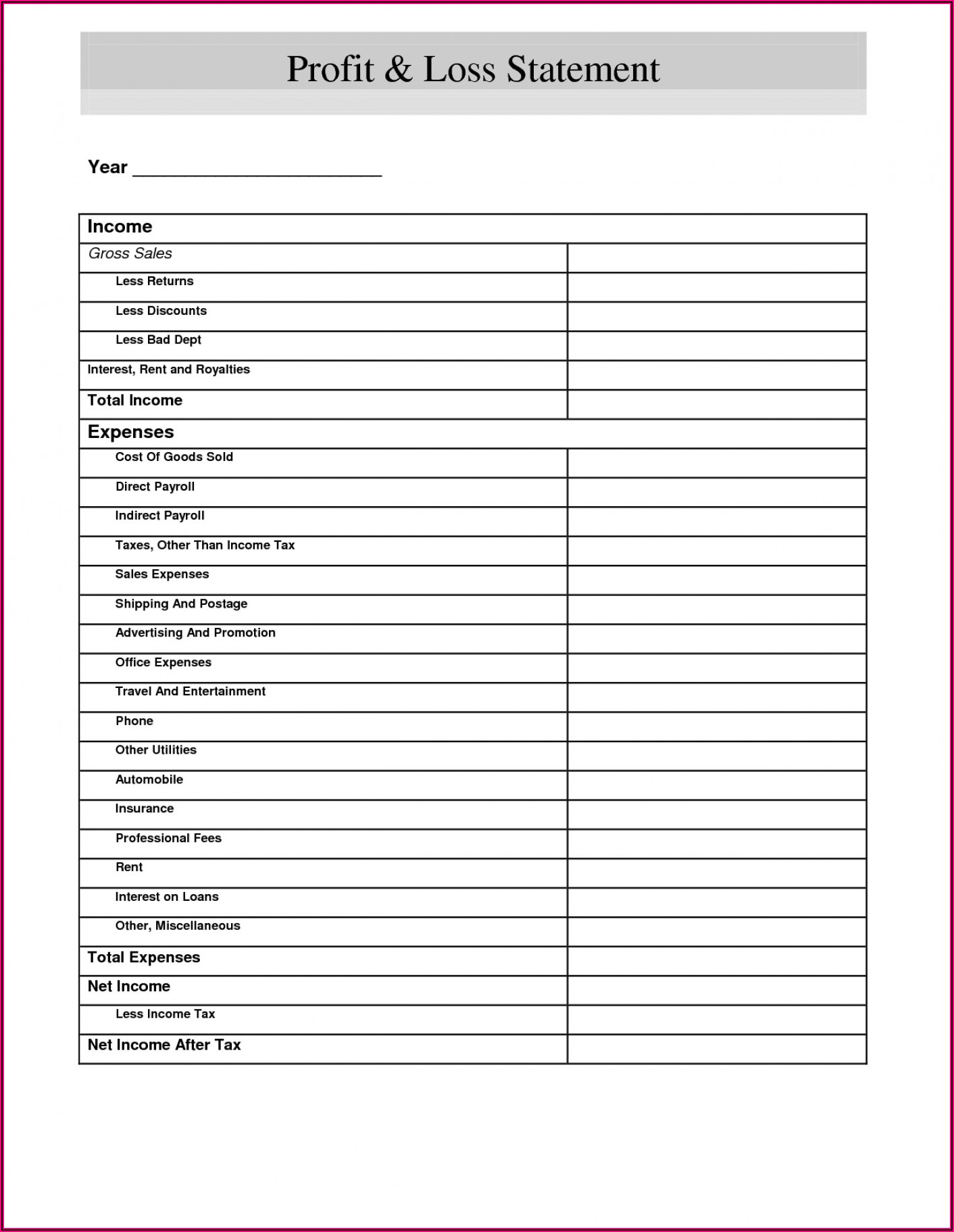 Free Profit And Loss Statement Template Excel