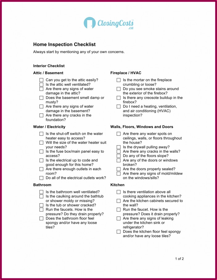 Home Inspection Checklist Template Excel