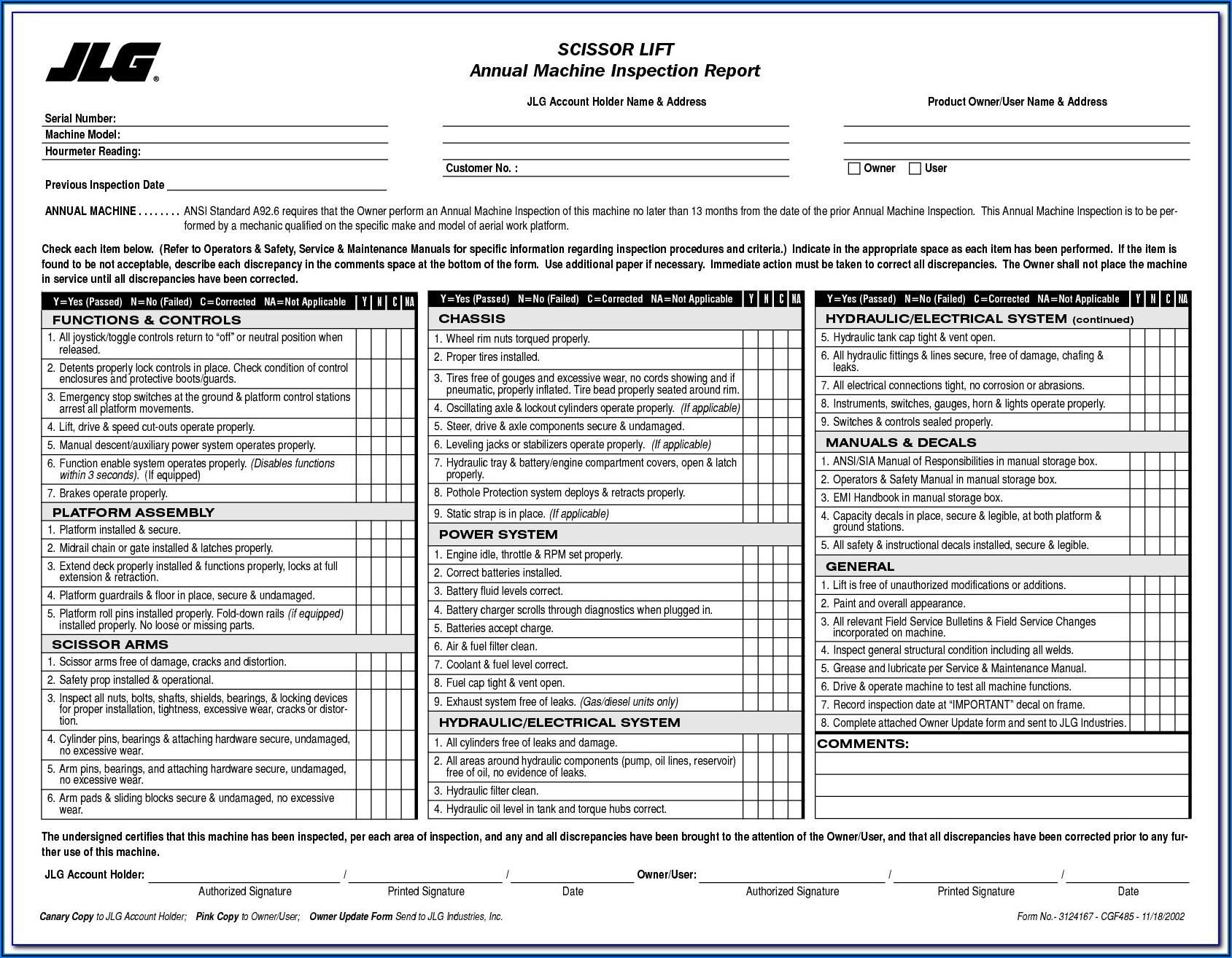 Jlg Scissor Lift Daily Inspection Form