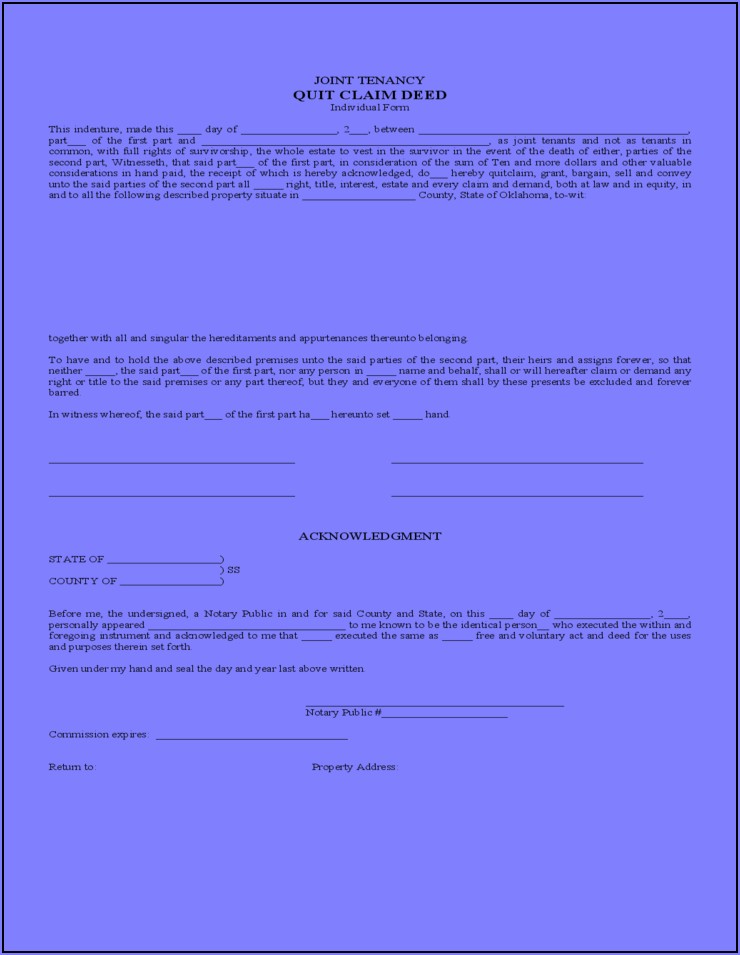 Joint Tenancy Quit Claim Deed Form Oklahoma