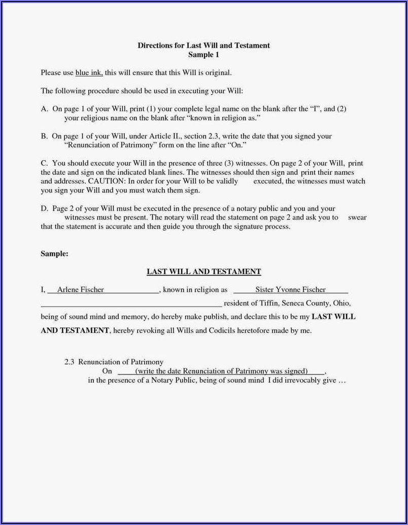 Last Will And Testament Ohio Free Forms