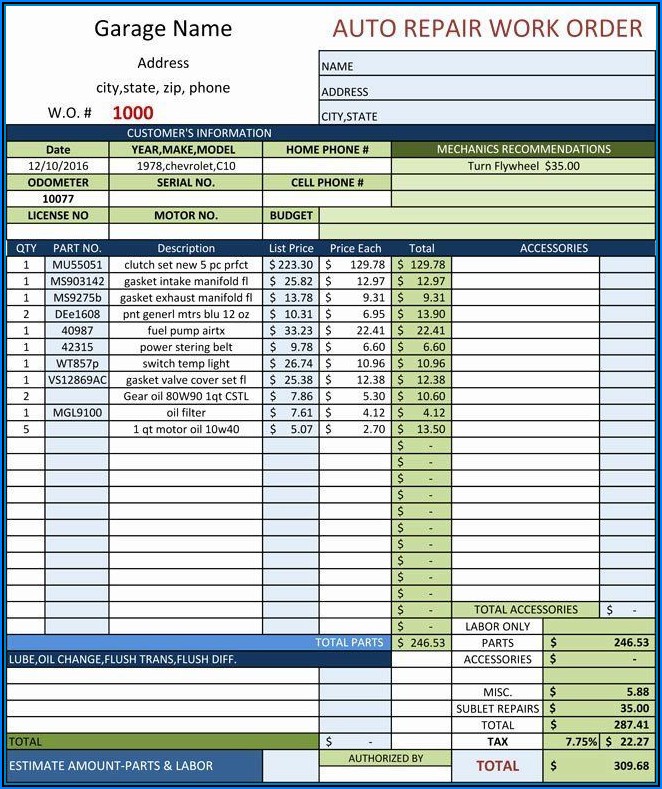 Printable Auto Repair Estimate Form Pdf