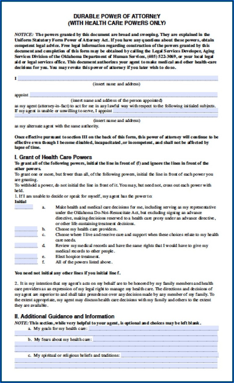 Printable Durable Power Of Attorney Form Oklahoma