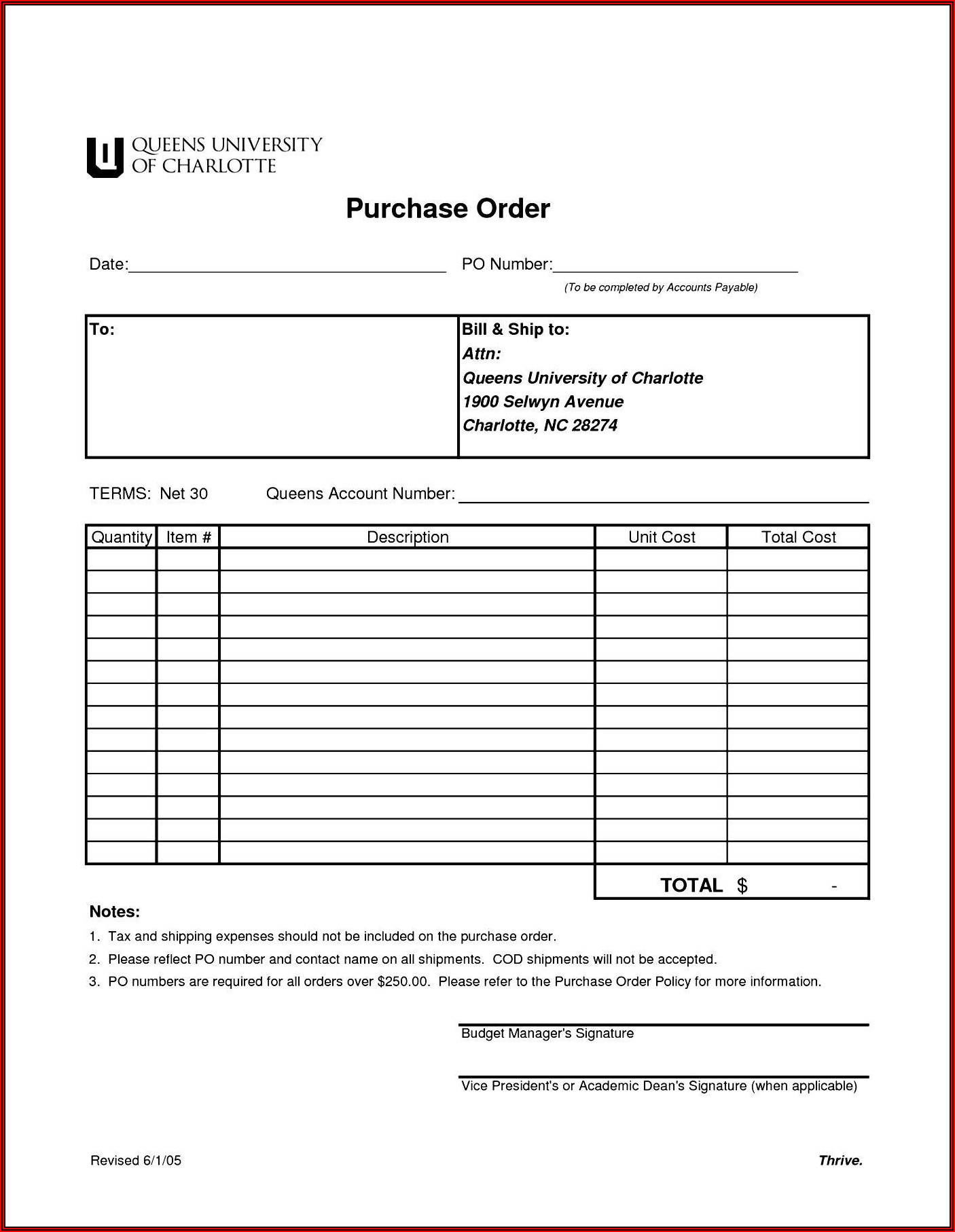 Printable Editable Purchase Order Template