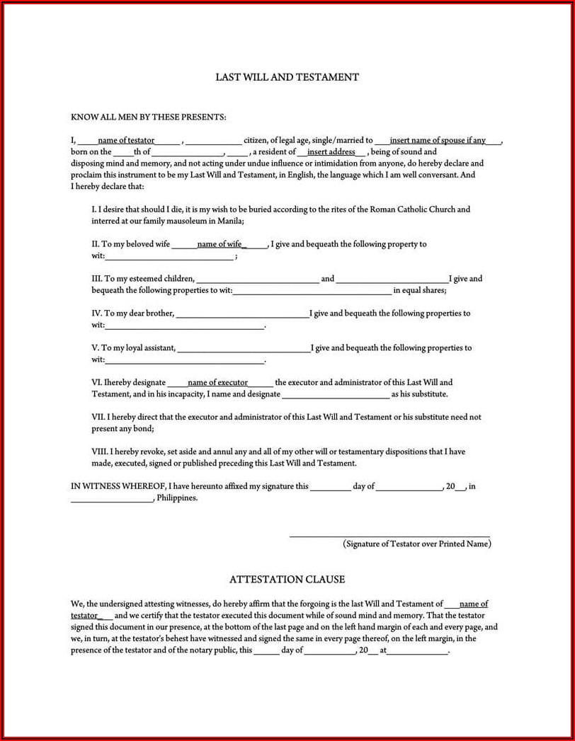 Sample Last Will And Testament Template Philippines