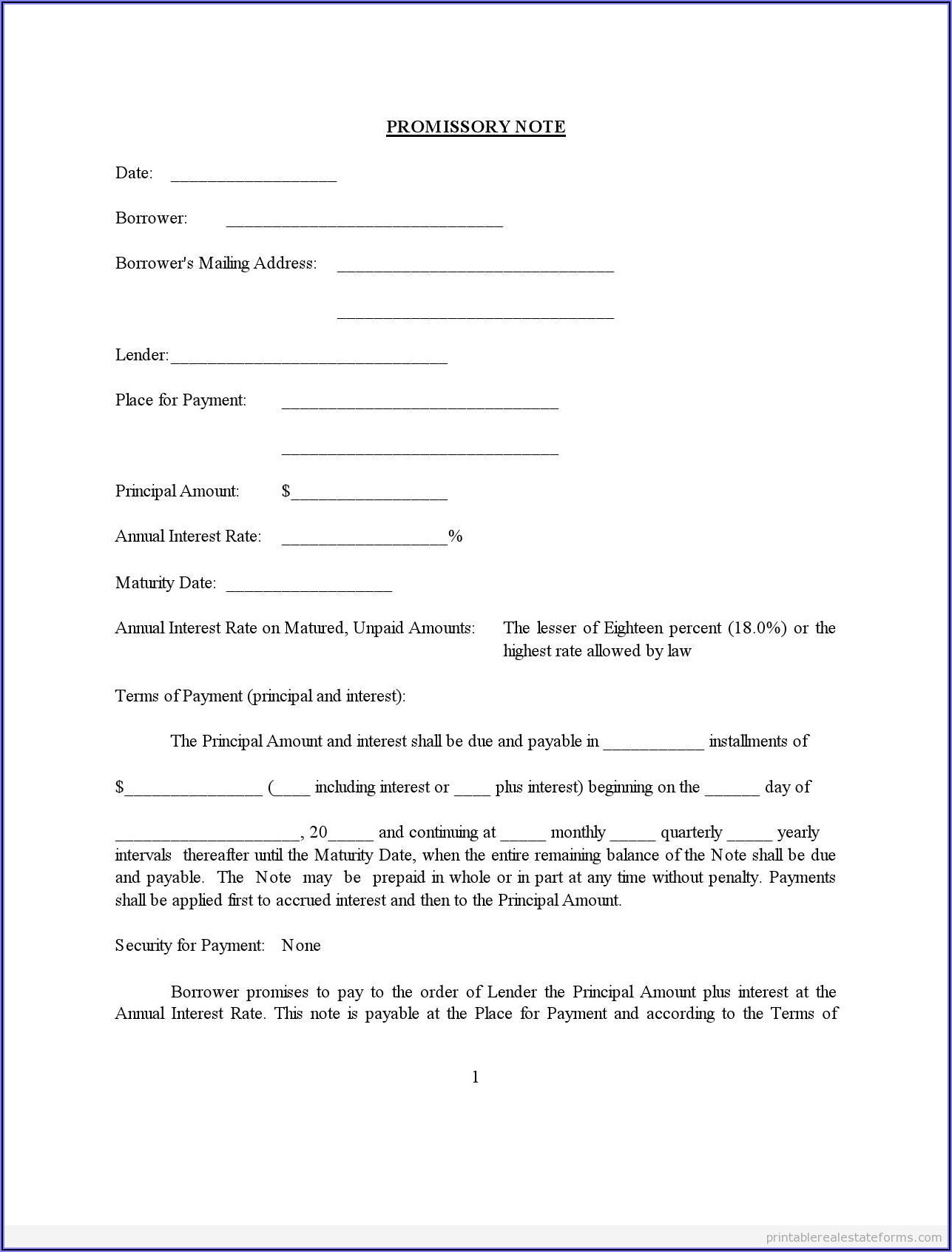 Sample Promissory Note Legal Forms