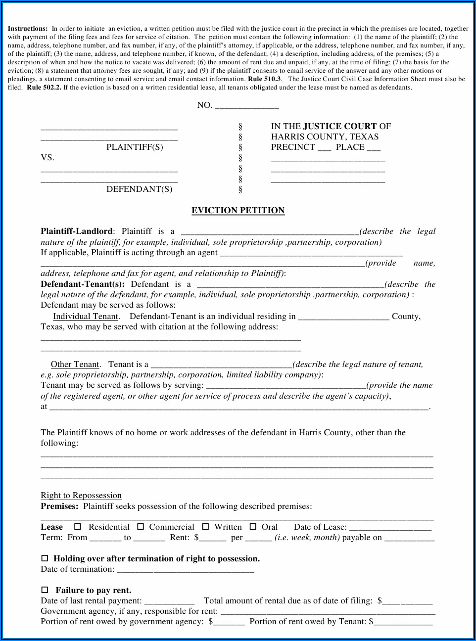 Texas Eviction Petition Form