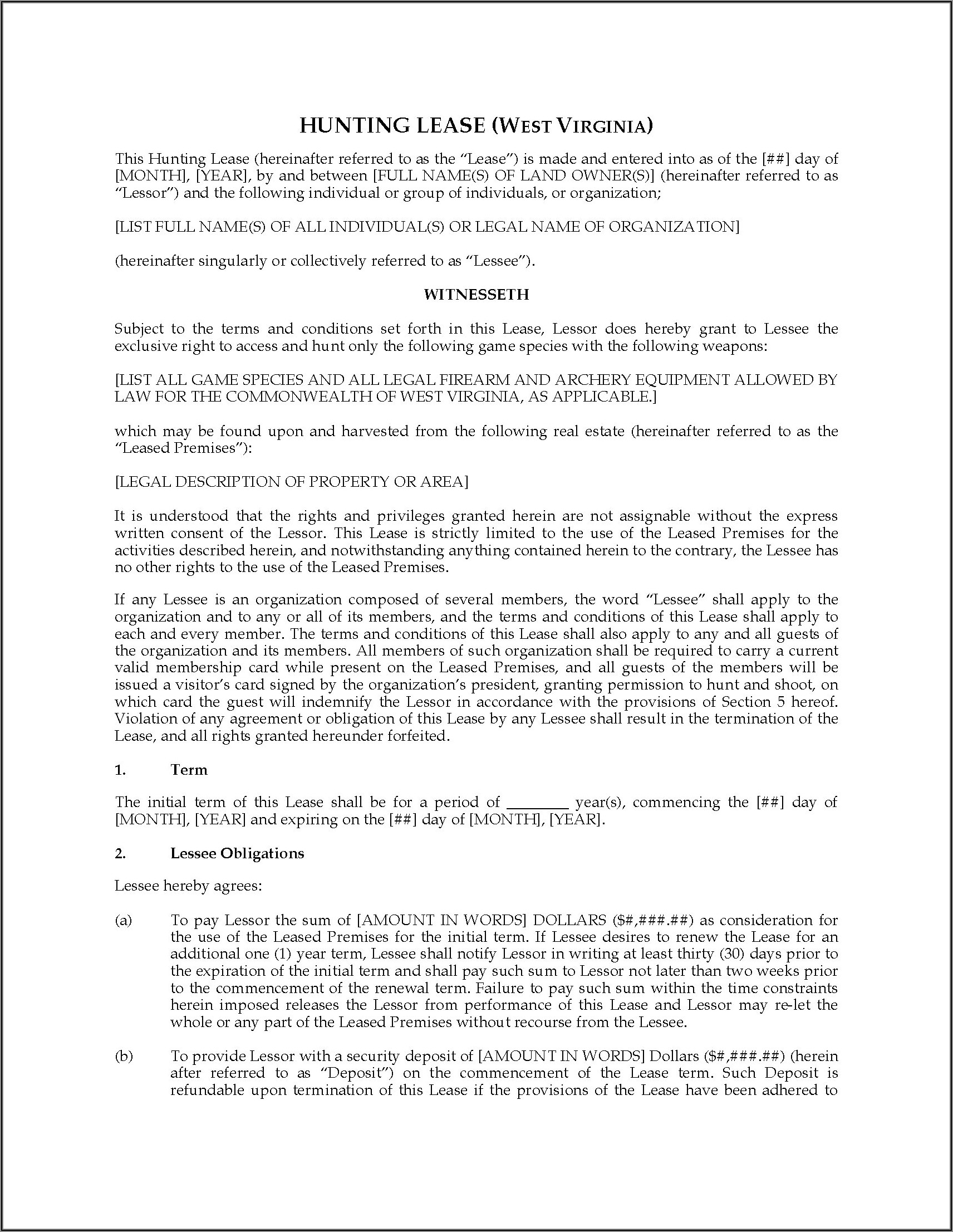 Texas Hunting Lease Contract Form