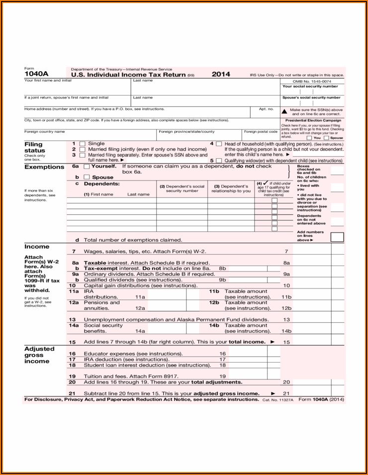 2014 Us Individual Income Tax Return Form 1040