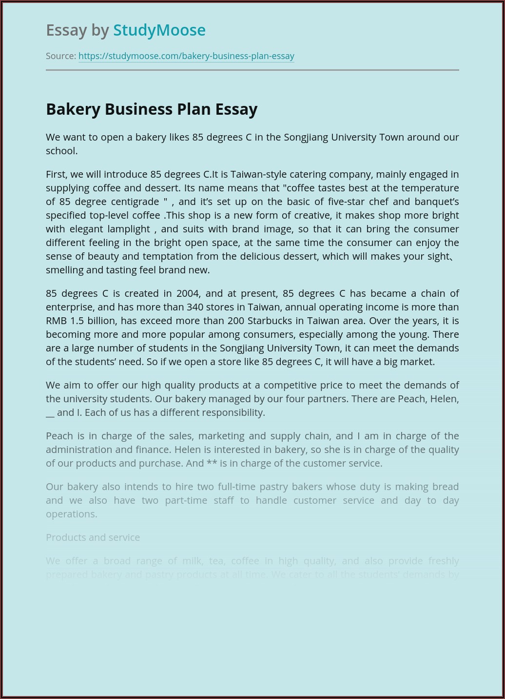 sample business plan for a small bakery