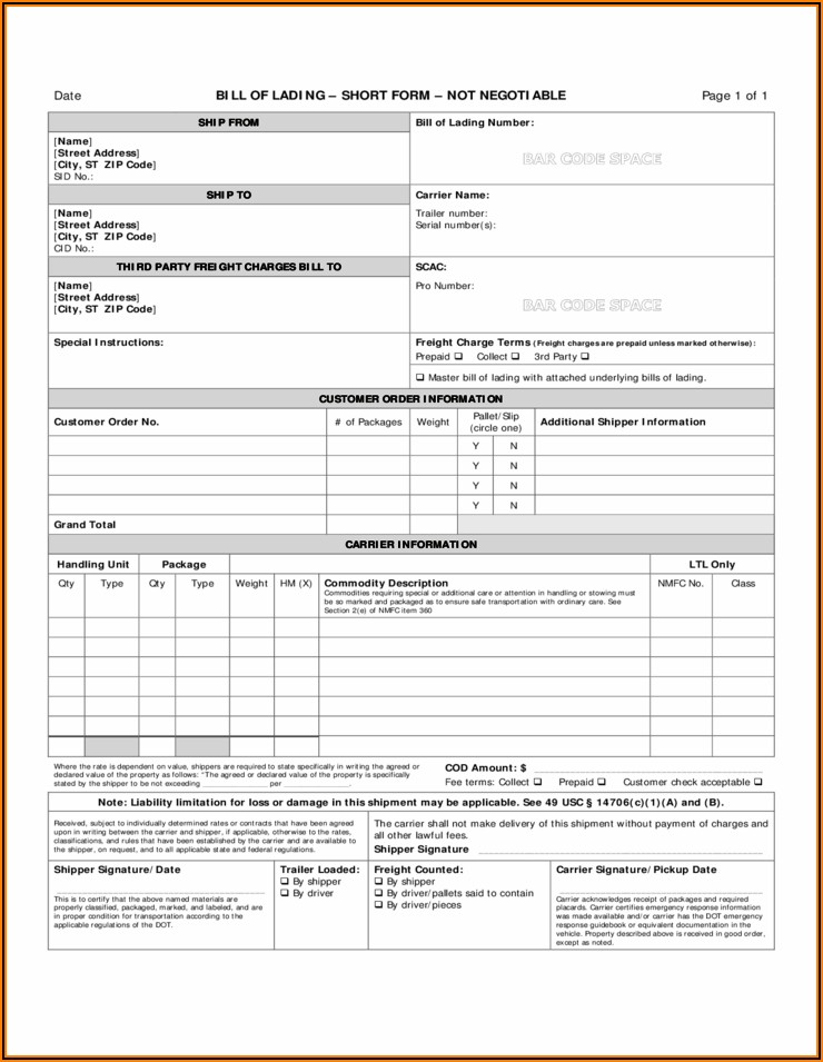 Bill Of Lading Form Download