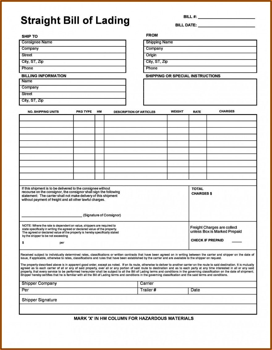 Bill Of Lading Form Word