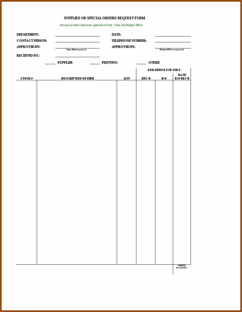 Blank Office Supply Request Form Template