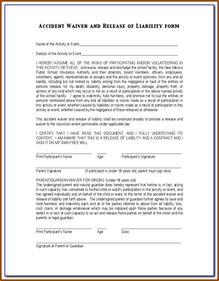 Car Accident Release Of Liability Form Florida