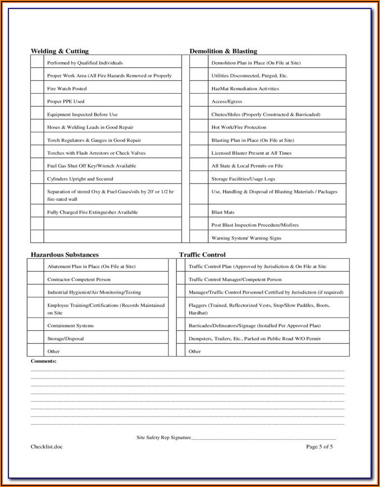 Construction Site Safety Checklist Form