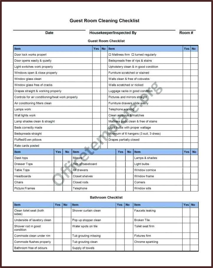 Hotel Maintenance Checklist Template Excel