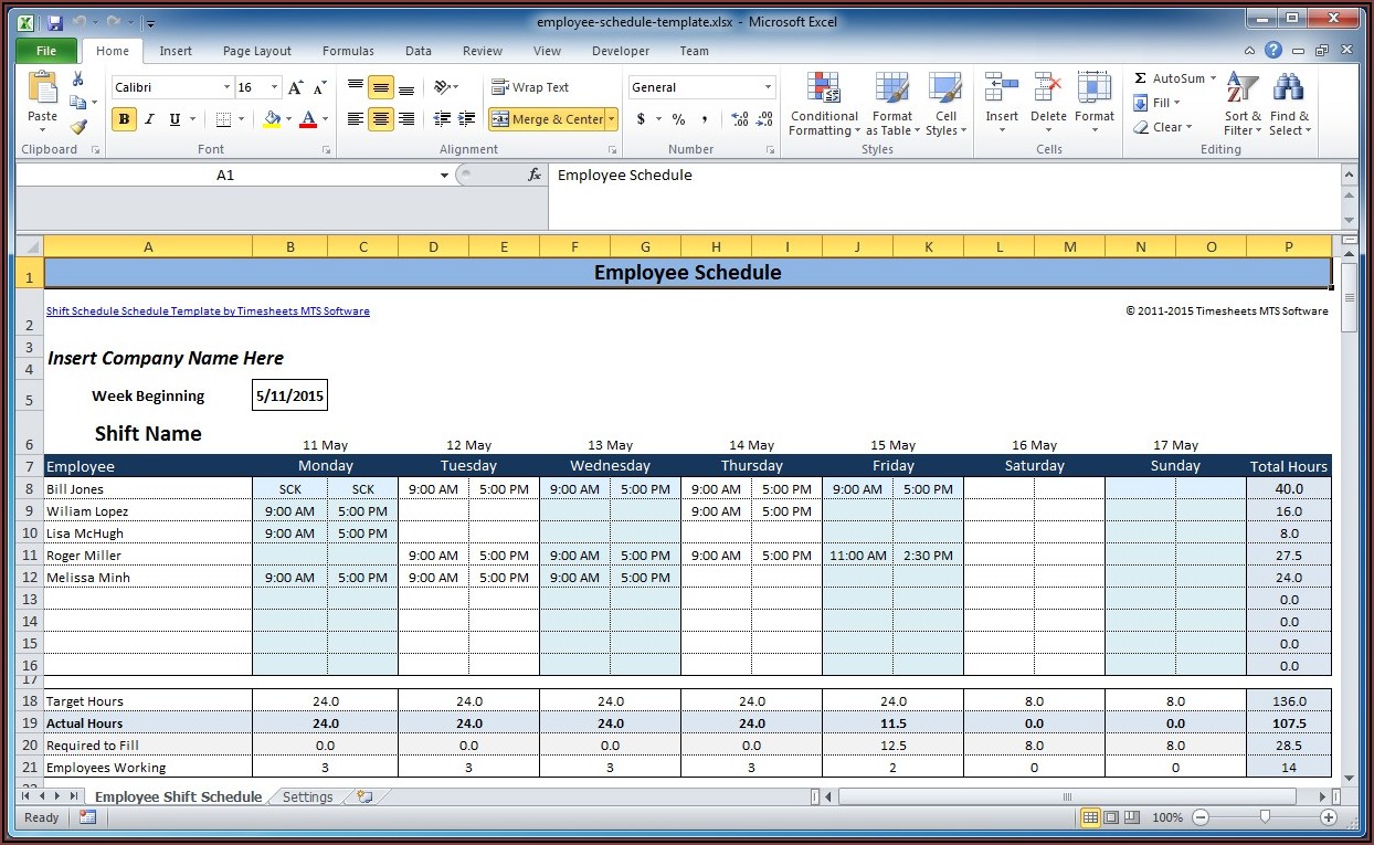 Monthly Work Calendar Template Excel