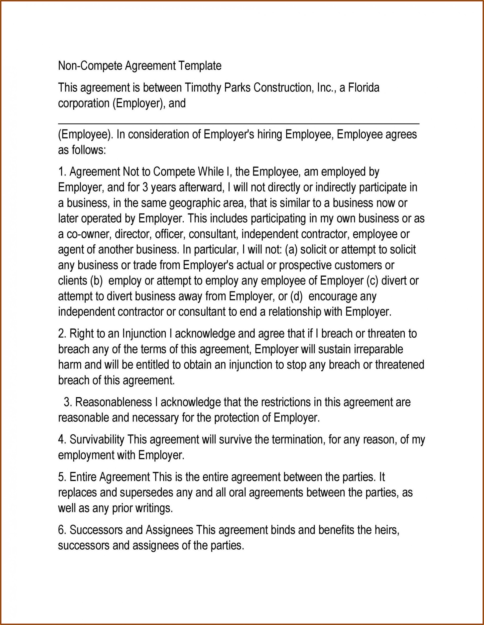 Non Compete Agreement Template Free