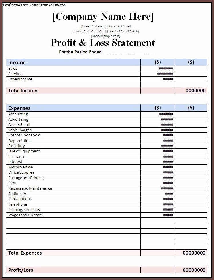 Profit And Loss Statement Template
