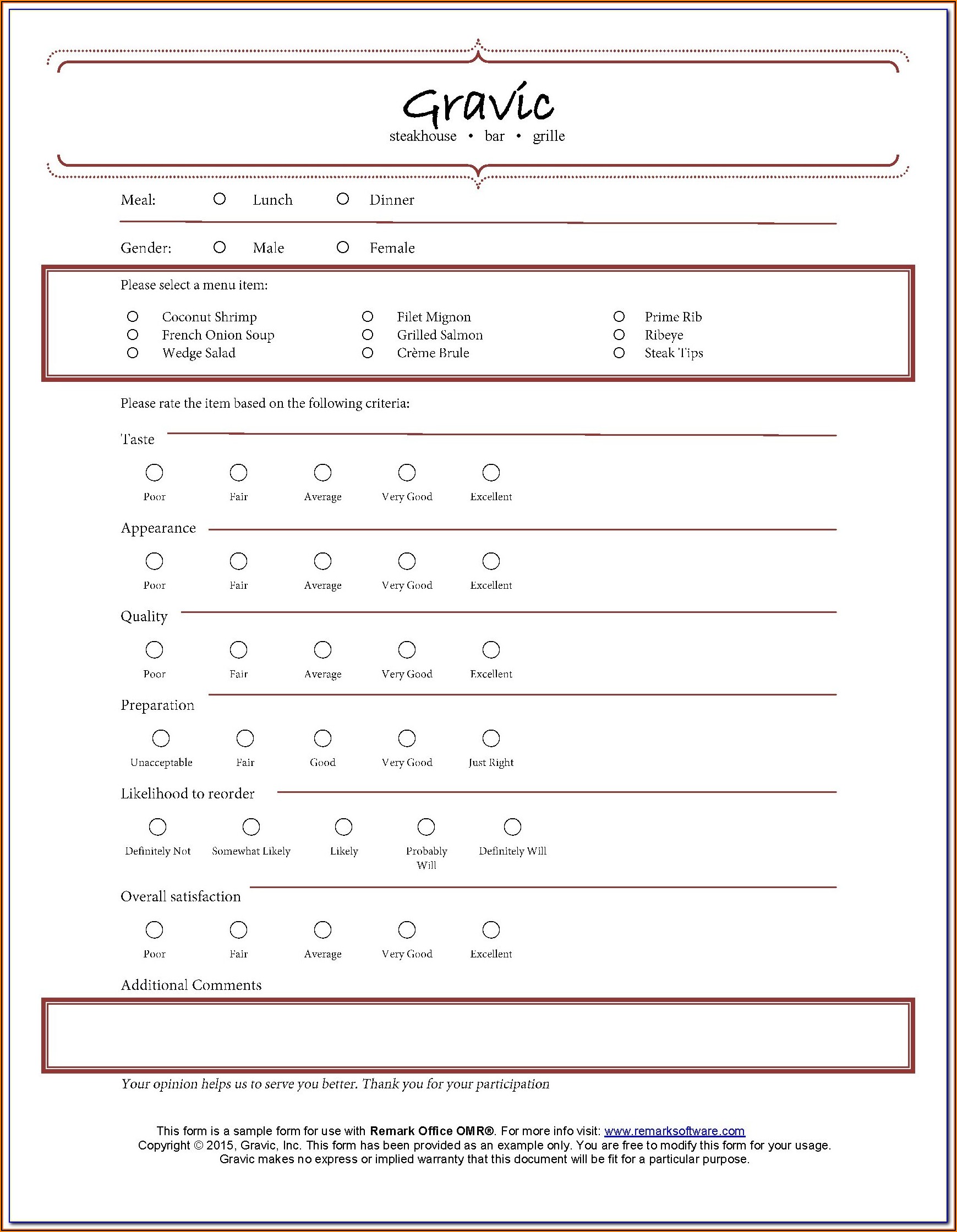 Restaurant Customer Feedback Form Template Free Download