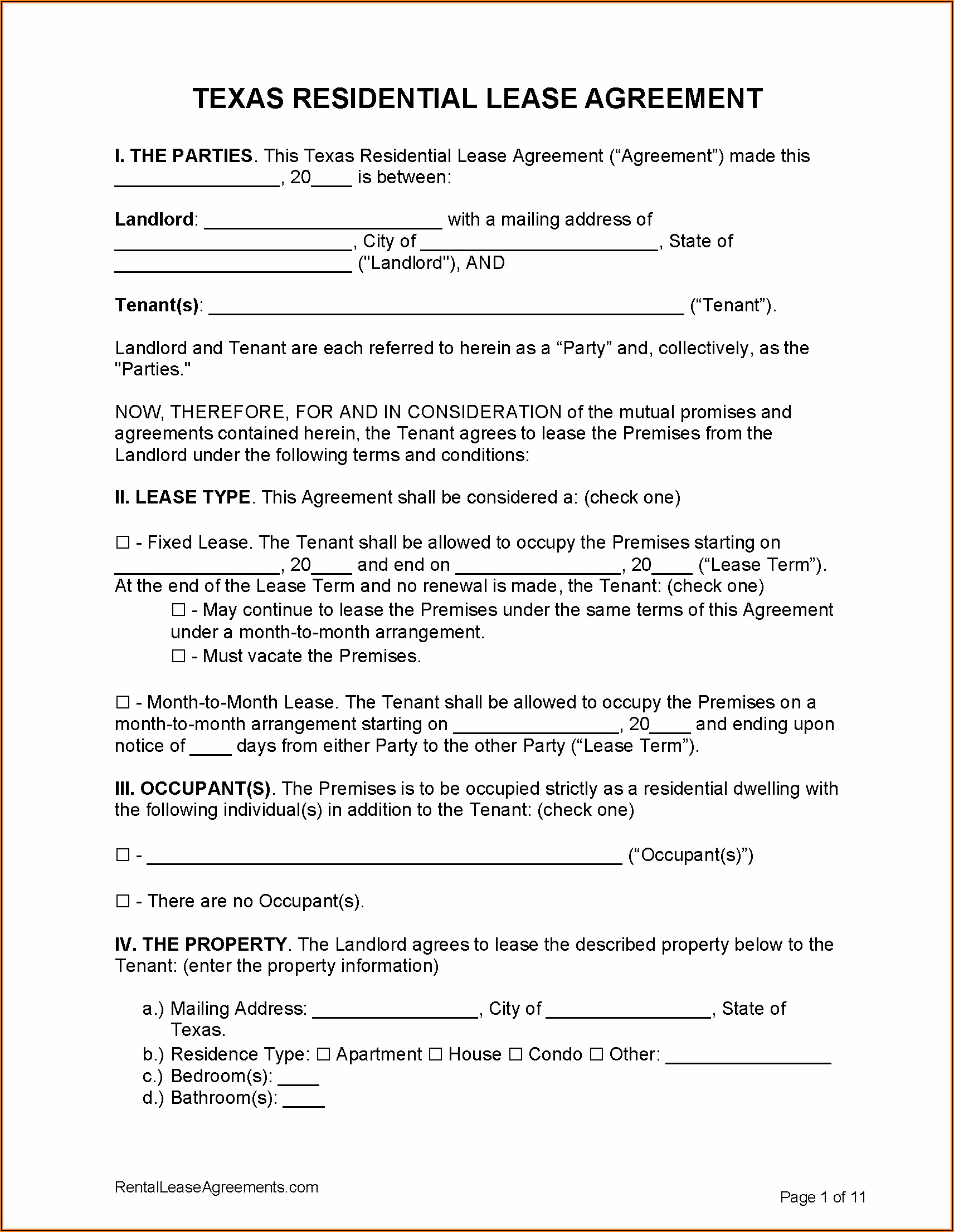Room Lease Agreement Template Texas