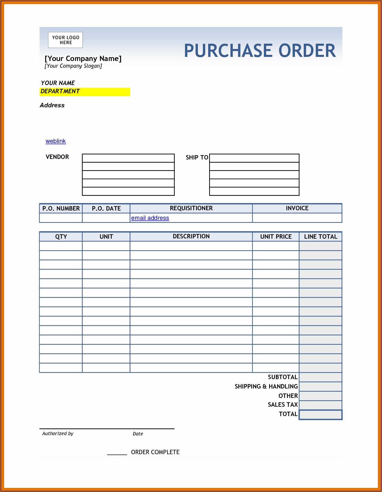 Simple Purchase Order Sample Excel