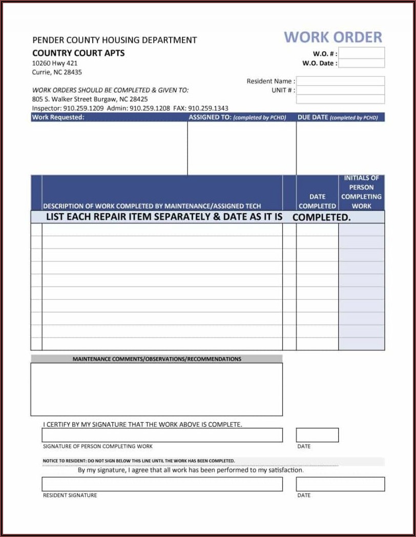 Vehicle Maintenance Work Order Template