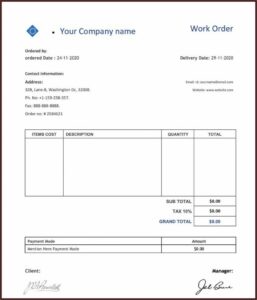 Vehicle Work Order Template Pdf