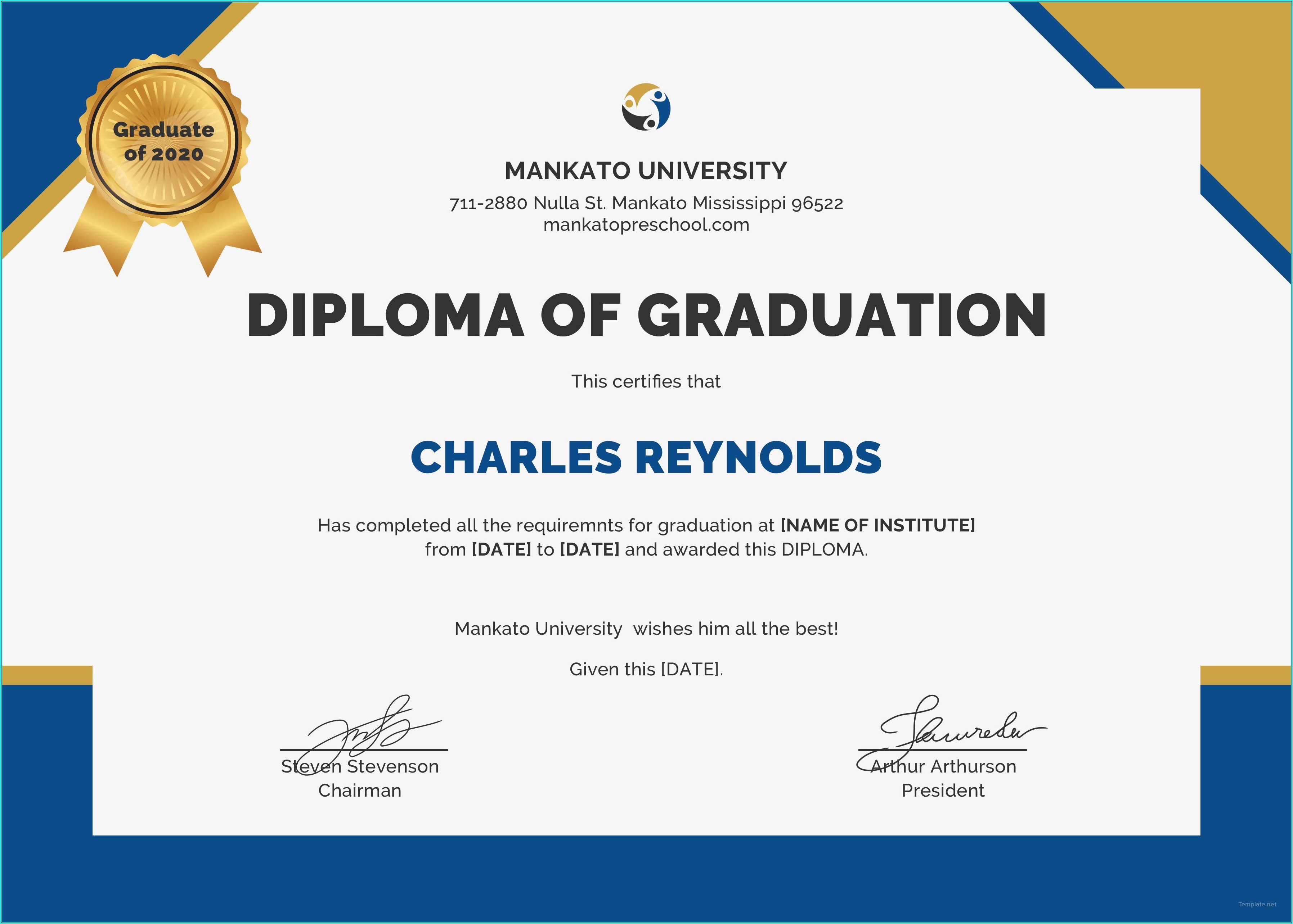 Diploma Certificate Template Word