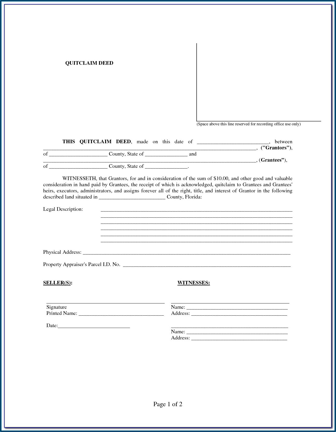 Download Quit Claim Deed Form Florida