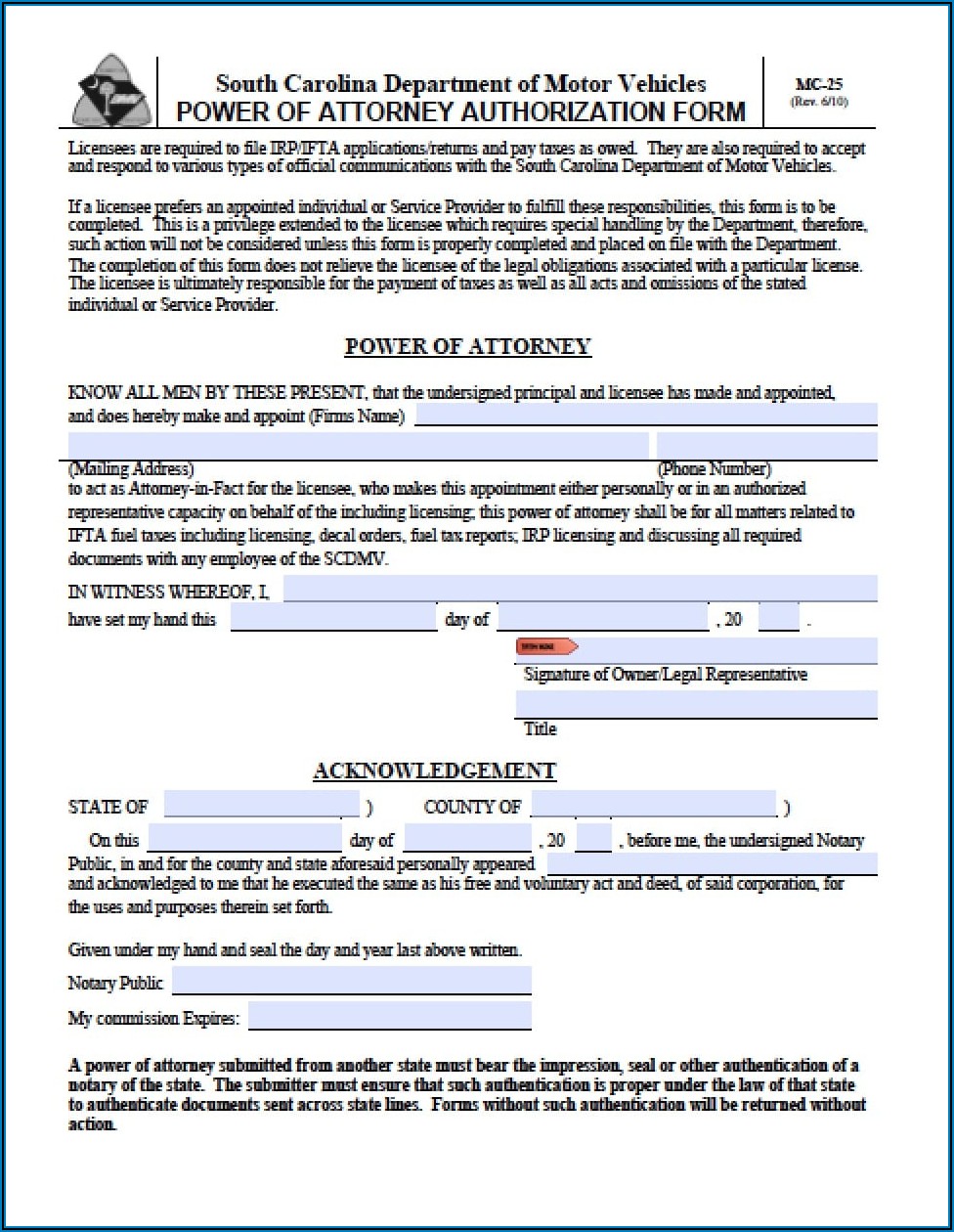 Durable Power Of Attorney Form South Carolina