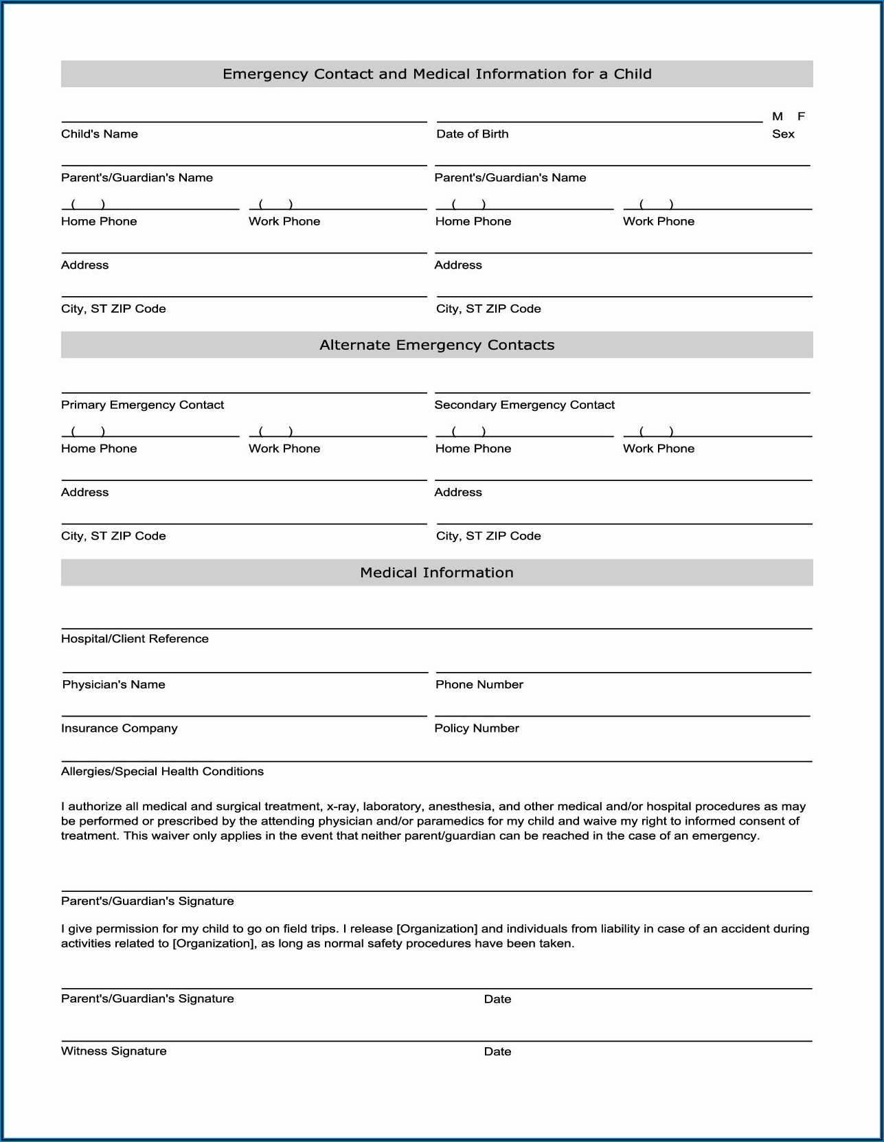 Emergency Contact And Medical Information Form Template