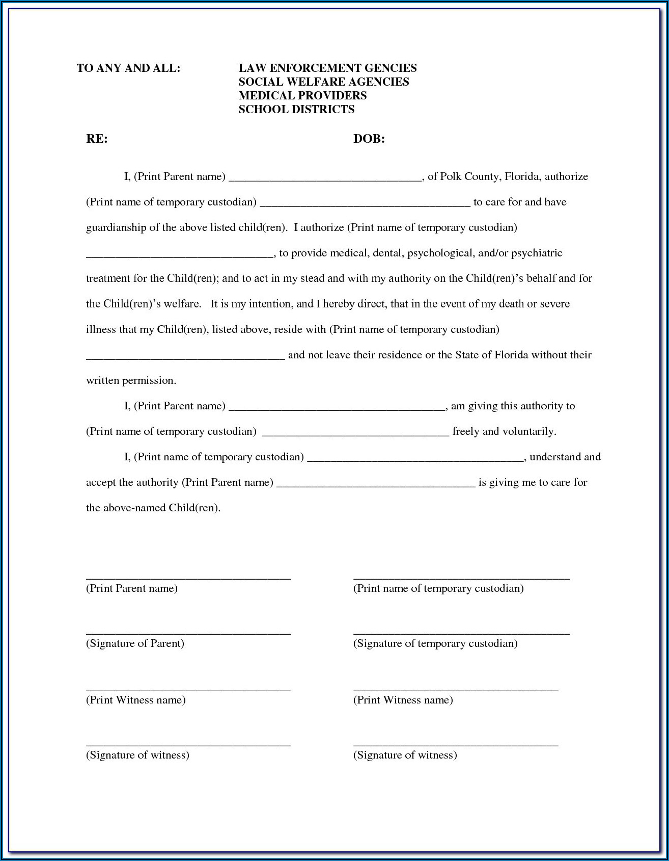 Example Of Temporary Guardianship Form