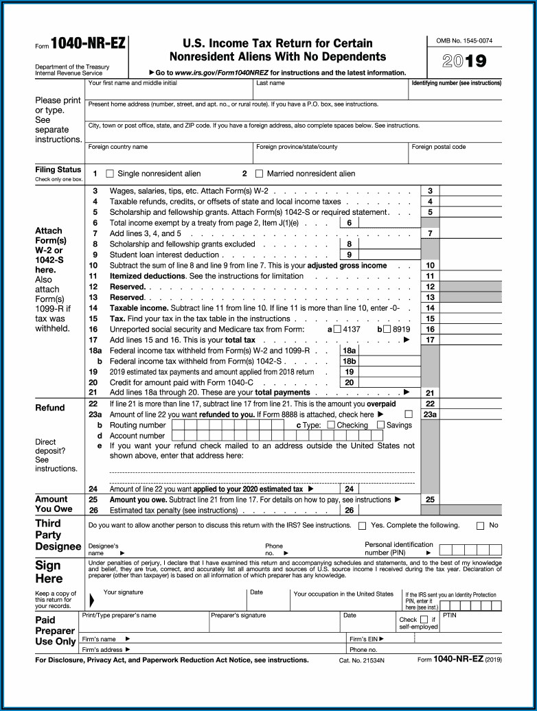 Federal Tax Form 1040nr Ez