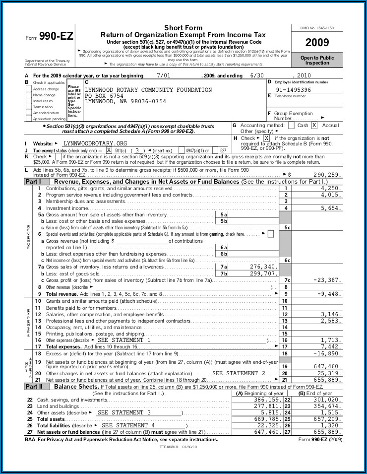 Federal Tax Form 990 Ez