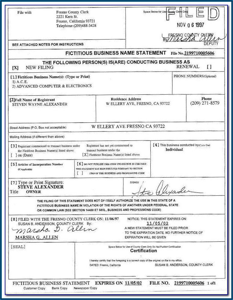 Fictitious Business Name Statement Form California