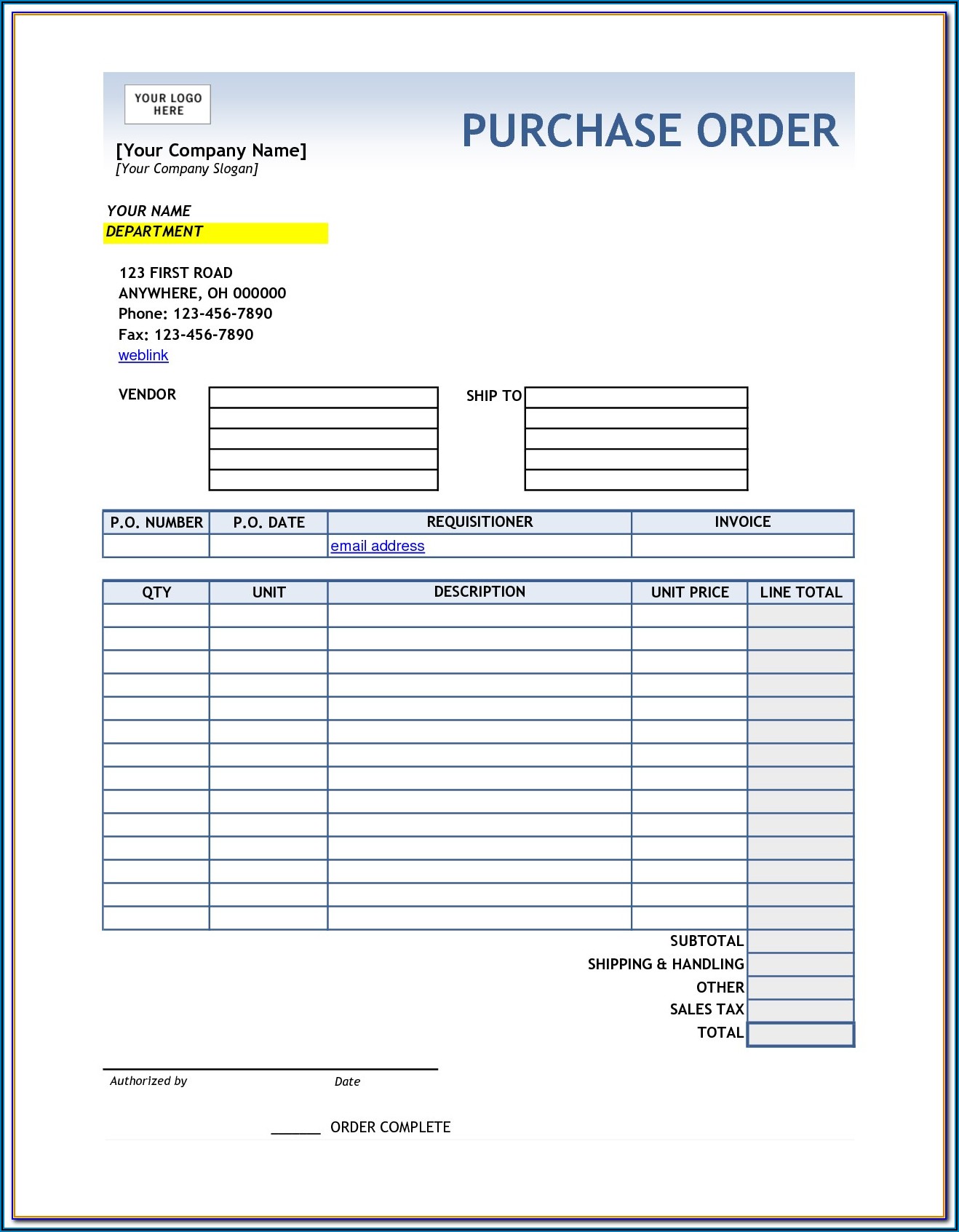 Free Fillable Purchase Order Form