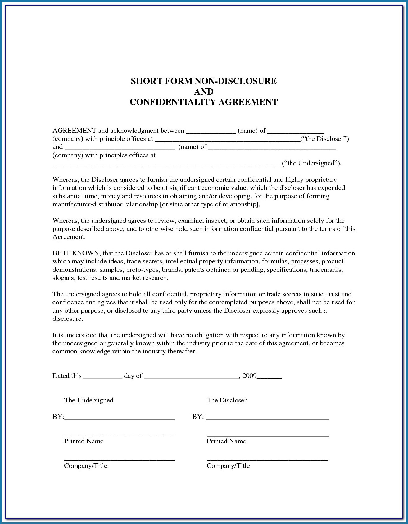 Free Printable Confidentiality Agreement Form Doc