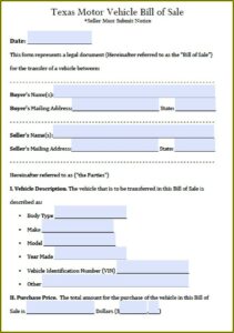 Free Texas Motor Vehicle Bill Of Sale Form