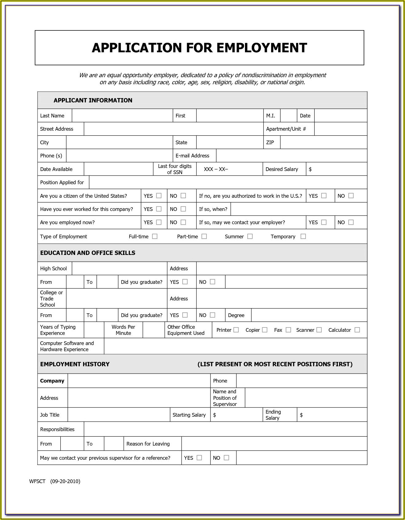 Generic Blank Job Application Form
