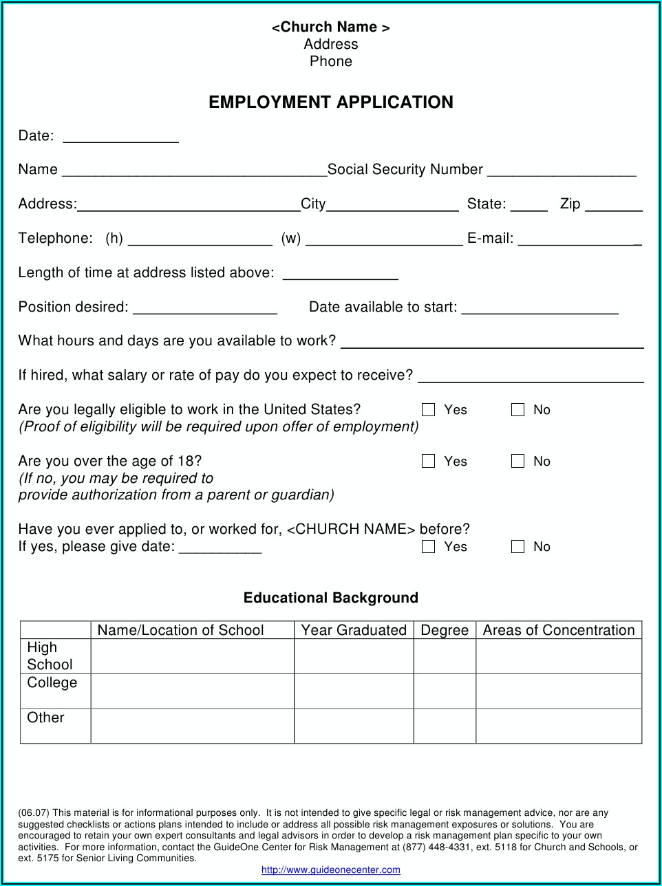 Printable Employment Application Template