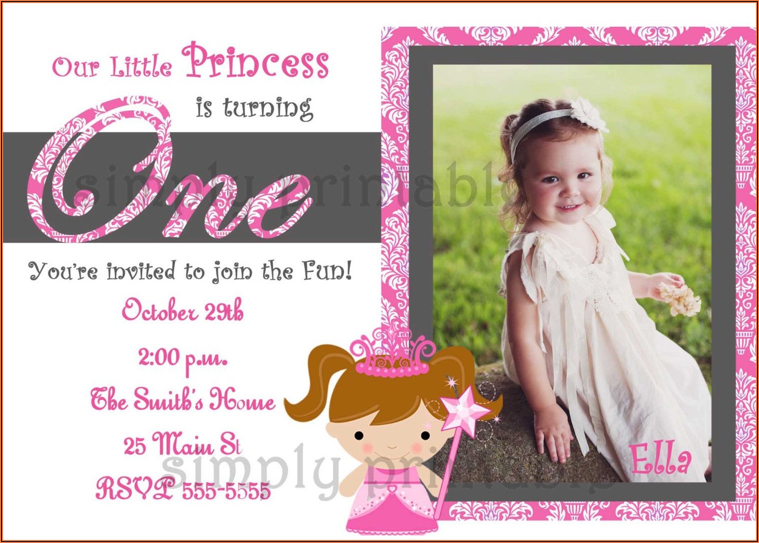 1st Birthday Invitation Card For Baby Girl Princess Theme