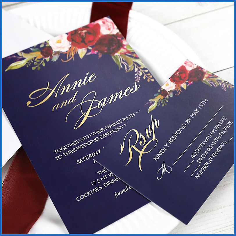 Burgundy And Navy Floral Wedding Invitations