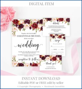 Burgundy Floral Wedding Invitation Template