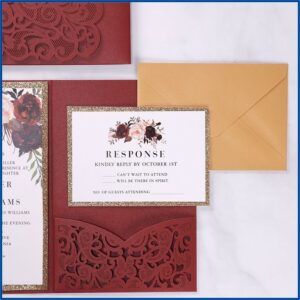 Burgundy Laser Cut Pocket Wedding Invitations