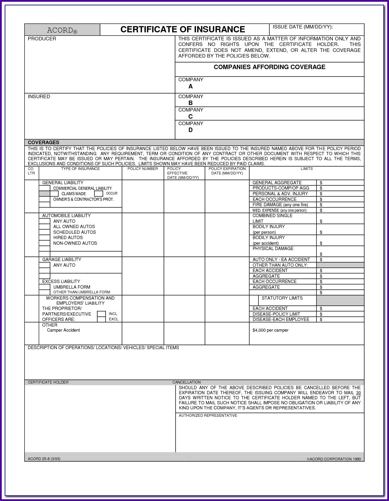 Certificate Of Liability Insurance Form Example